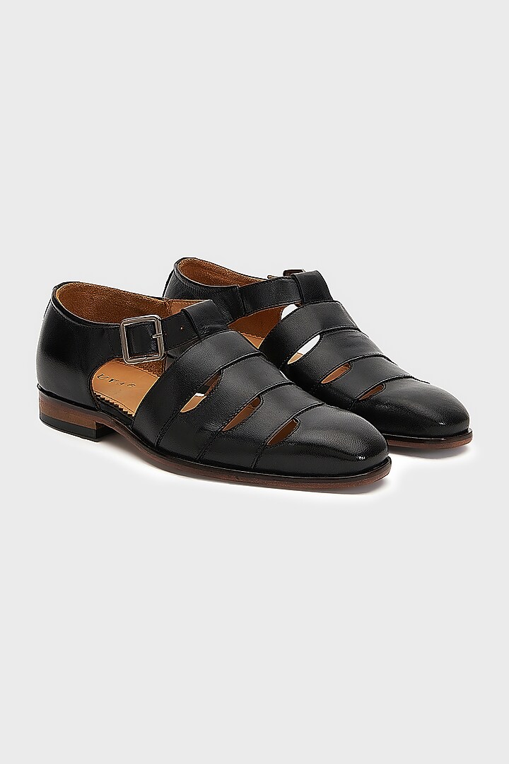 Black Leather Sultan Sandals by Nauvab at Pernia's Pop Up Shop