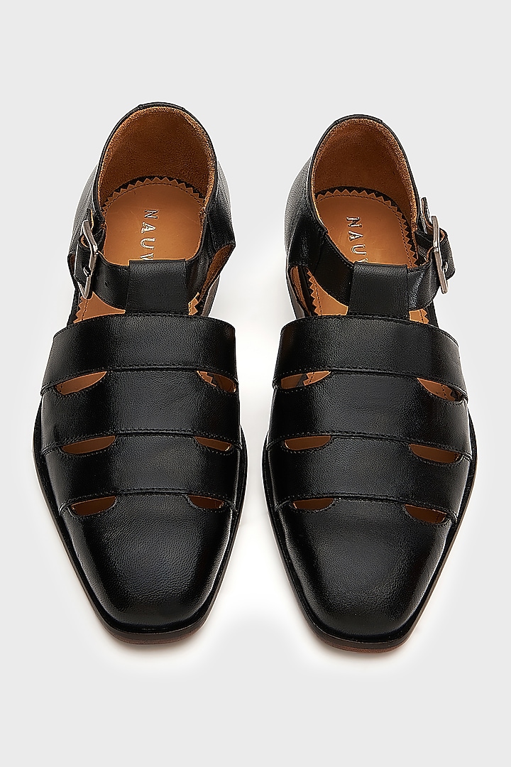 Black Leather Sultan Sandals by Nauvab at Pernia's Pop Up Shop