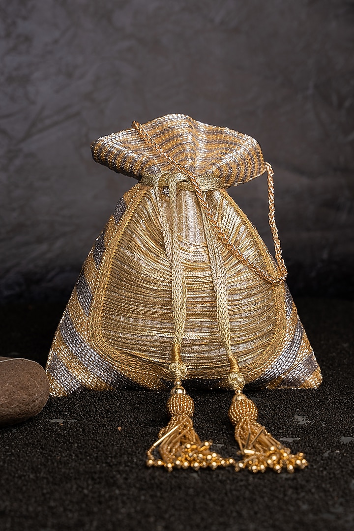 Gold & Silver Silk Metallic Chain Work Potli by Nayaab by Sonia at Pernia's Pop Up Shop