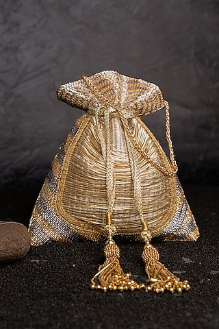 Gold & Silver Silk Metallic Chain Work Potli by Nayaab by Sonia