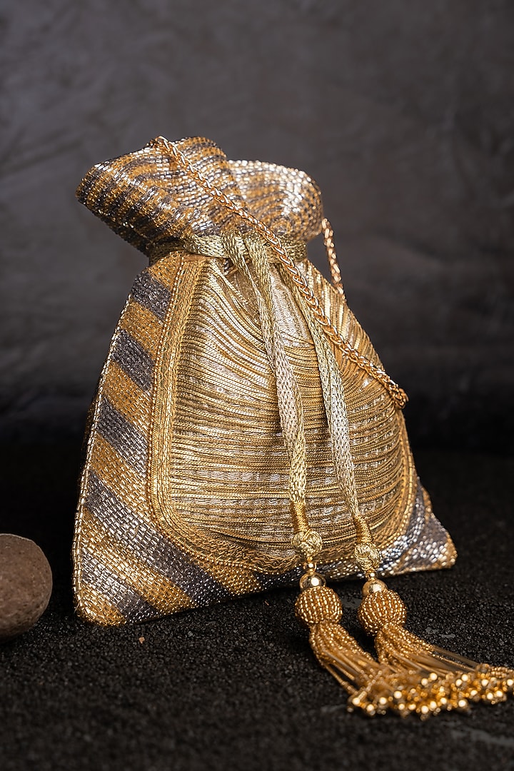Gold & Silver Silk Metallic Chain Work Potli by Nayaab by Sonia at Pernia's Pop Up Shop