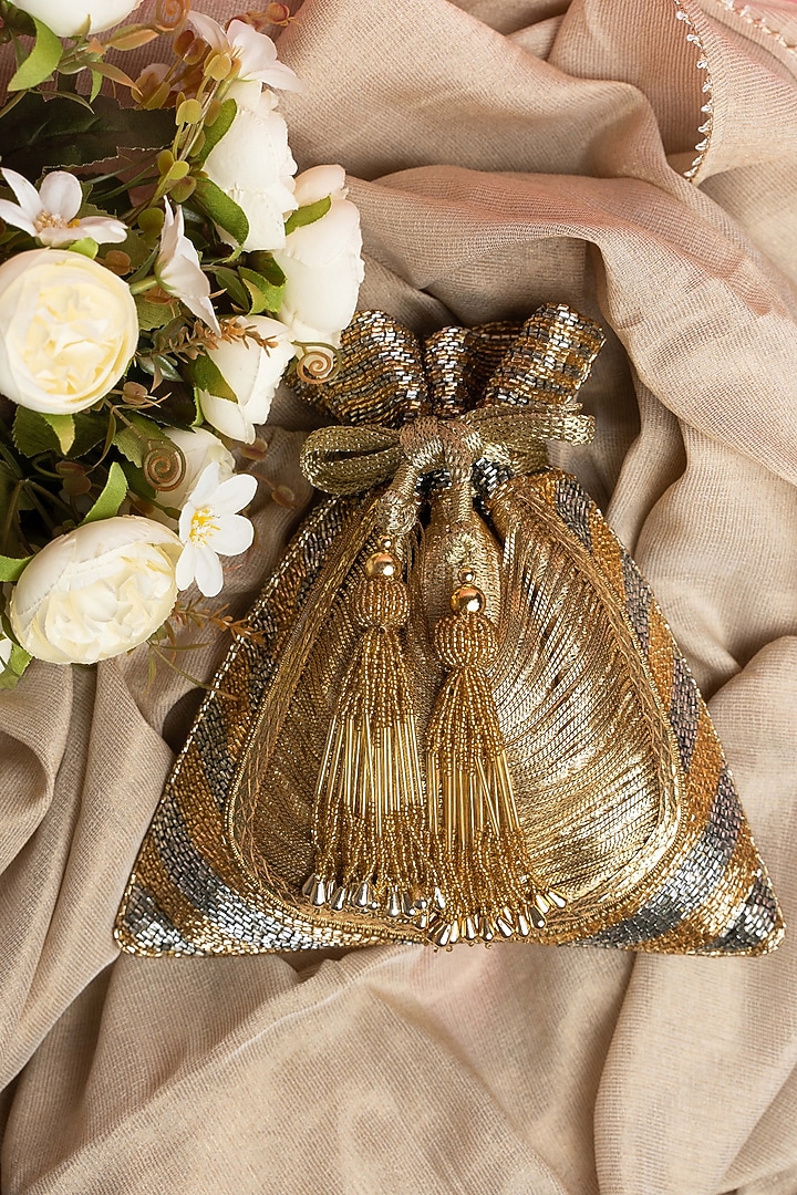 Gold & Silver Silk Metallic Chain Work Potli by Nayaab by Sonia at Pernia's Pop Up Shop
