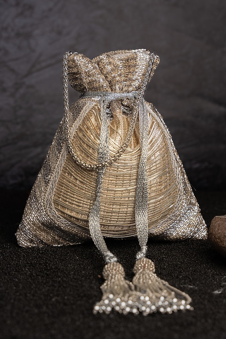 Gold & Silver Silk Metallic Chain Work Potli by Nayaab by Sonia at Pernia's Pop Up Shop