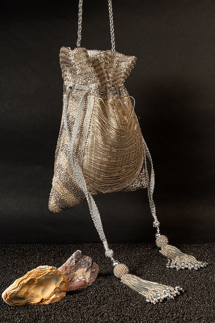 Gold & Silver Silk Metallic Chain Work Potli by Nayaab by Sonia at Pernia's Pop Up Shop