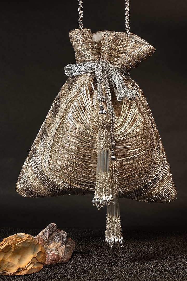 Gold & Silver Silk Metallic Chain Work Potli by Nayaab by Sonia at Pernia's Pop Up Shop
