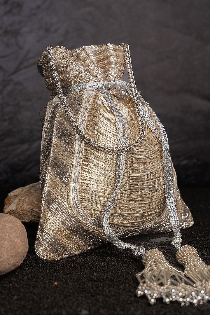 Gold & Silver Silk Metallic Chain Work Potli by Nayaab by Sonia at Pernia's Pop Up Shop
