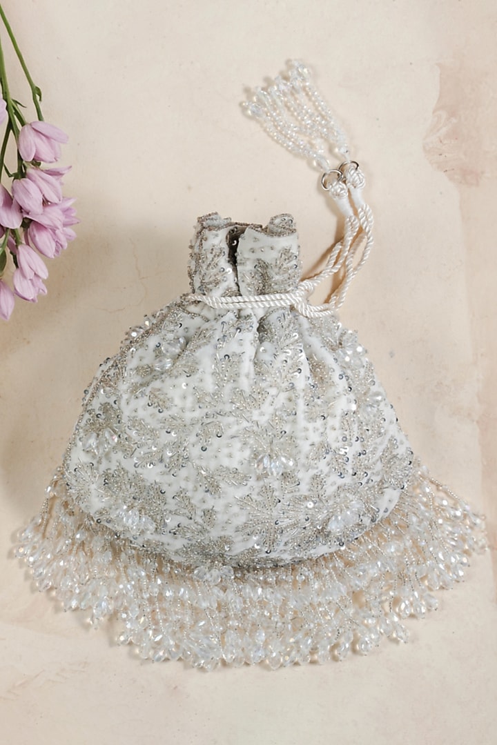 Silverish White Silk Sequins Embroidered Potli by Nayaab by Sonia at Pernia's Pop Up Shop