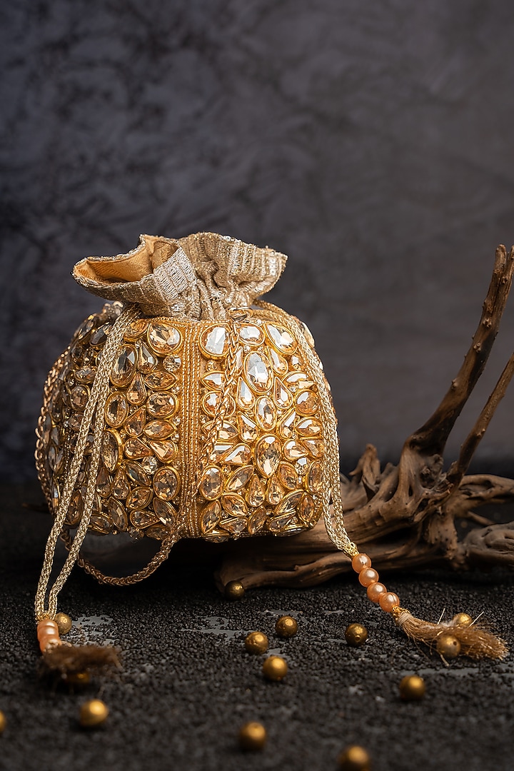 Gold Silk Hand Embroidered Potli by Nayaab by Sonia at Pernia's Pop Up Shop