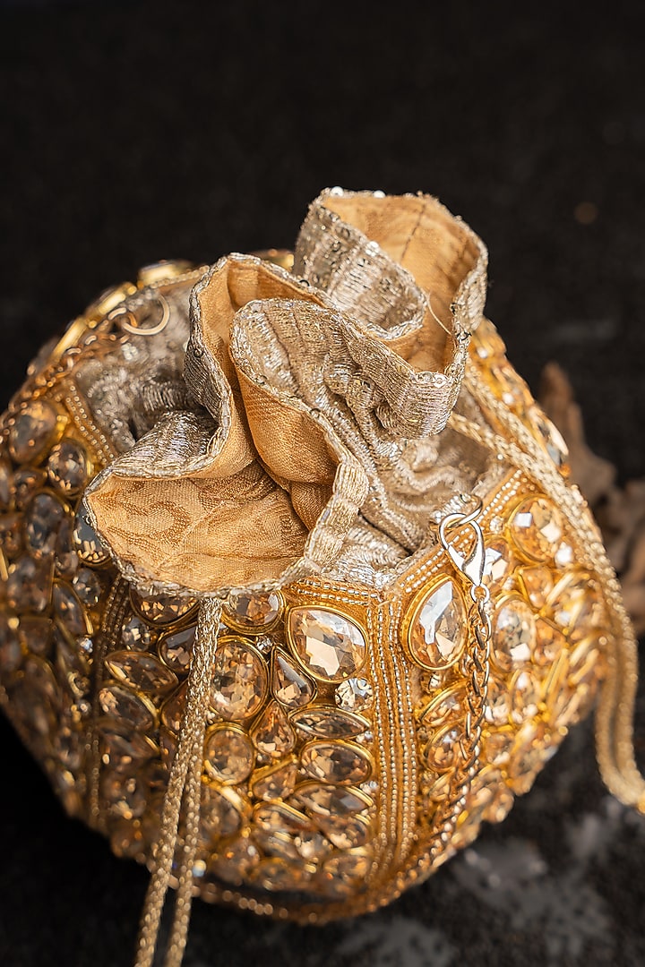 Gold Silk Hand Embroidered Potli by Nayaab by Sonia at Pernia's Pop Up Shop