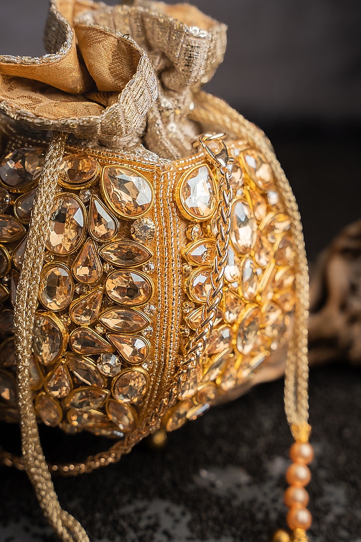 Gold Silk Hand Embroidered Potli by Nayaab by Sonia at Pernia's Pop Up Shop