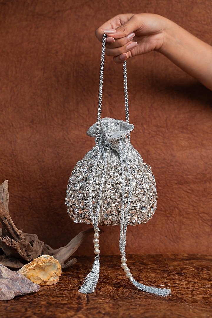 Silver Silk Hand Embroidered Potli by Nayaab by Sonia at Pernia's Pop Up Shop