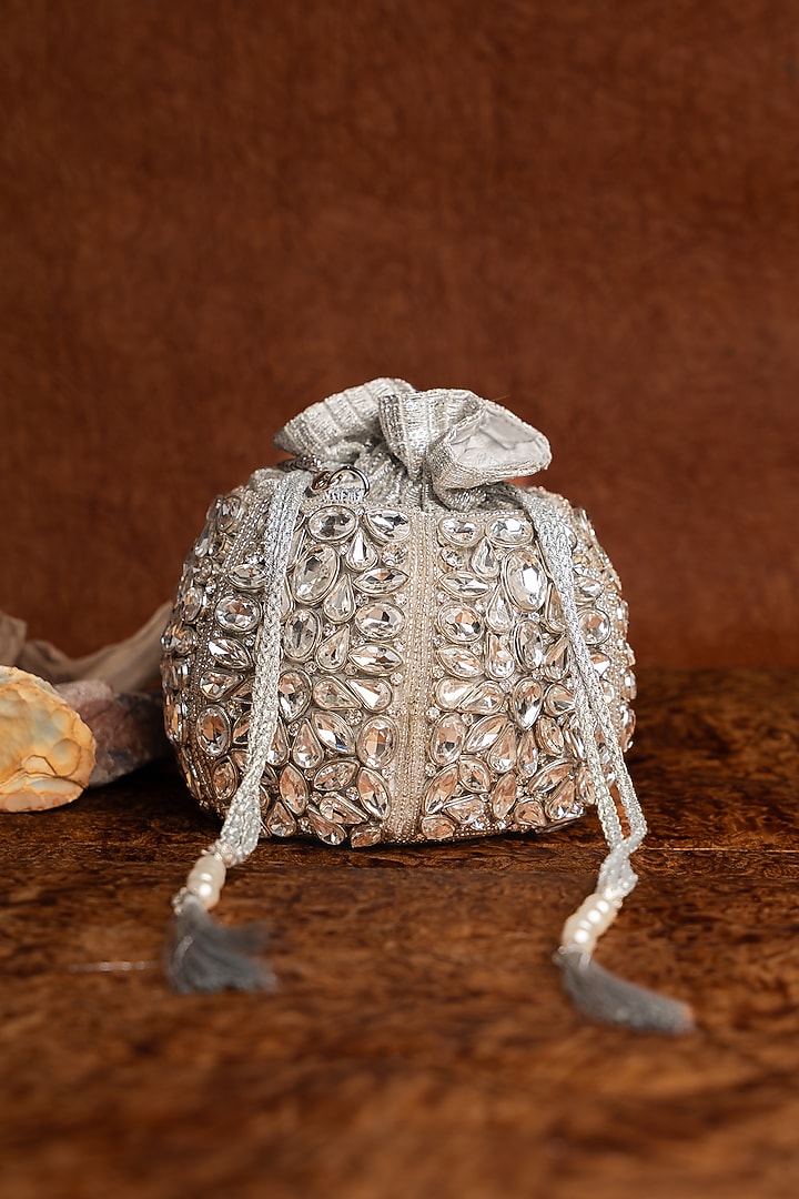 Silver Silk Hand Embroidered Potli by Nayaab by Sonia at Pernia's Pop Up Shop