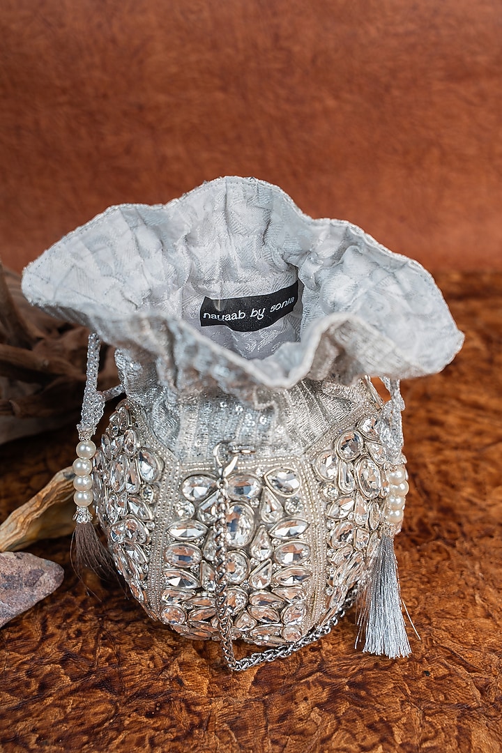 Silver Silk Hand Embroidered Potli by Nayaab by Sonia at Pernia's Pop Up Shop