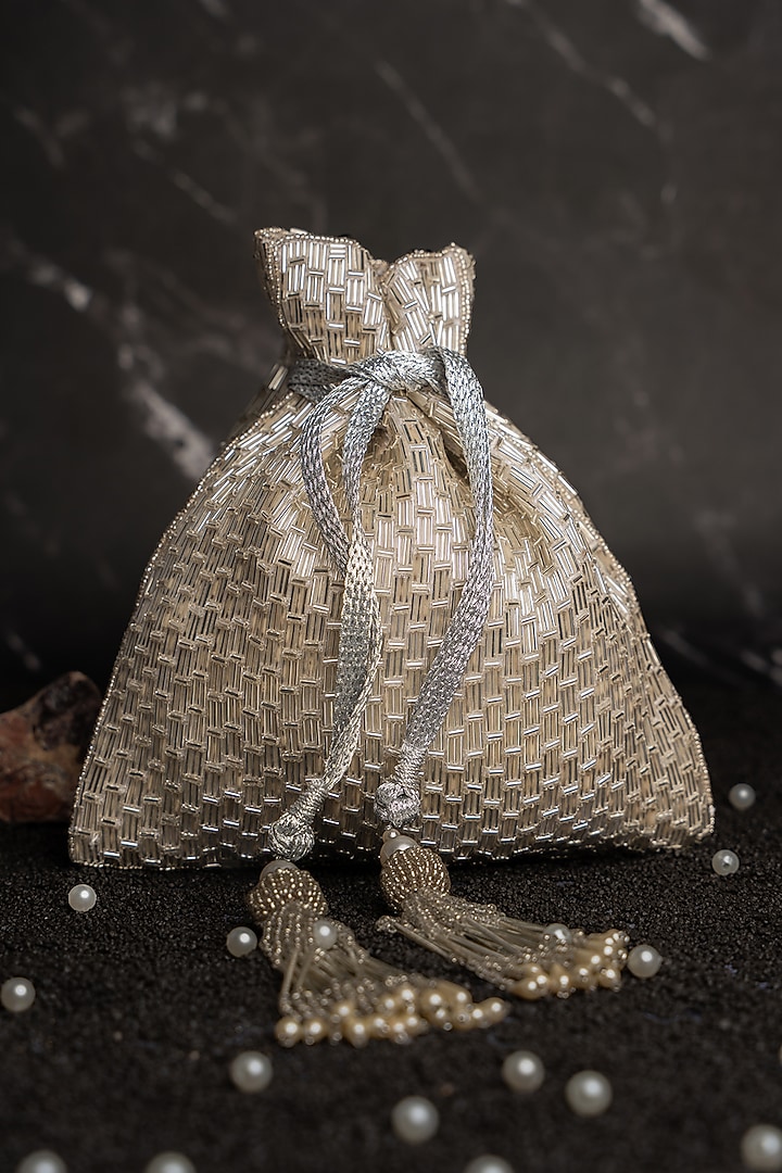 Silver Silk Embroidered Potli by Nayaab by Sonia at Pernia's Pop Up Shop