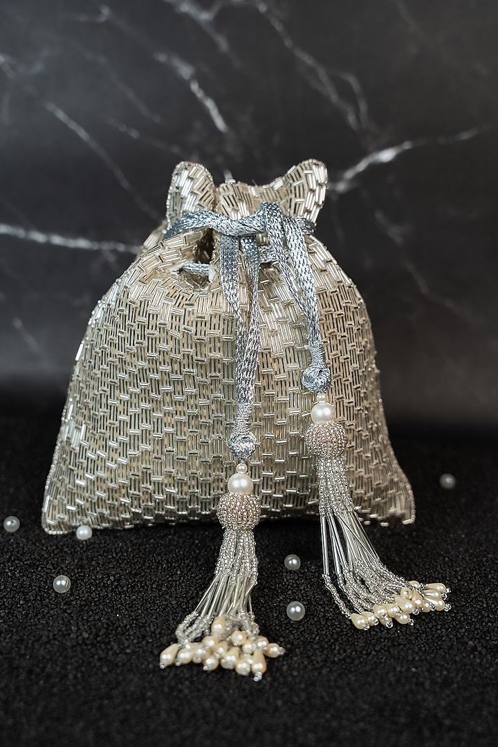 Silver Silk Embroidered Potli by Nayaab by Sonia at Pernia's Pop Up Shop