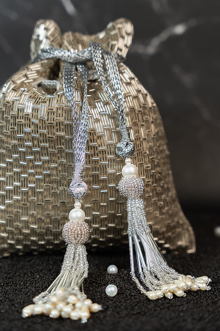 Silver Silk Embroidered Potli by Nayaab by Sonia at Pernia's Pop Up Shop