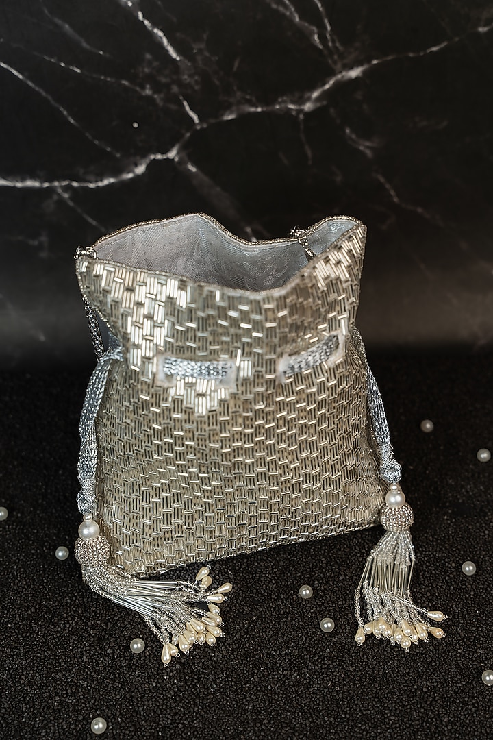 Silver Silk Embroidered Potli by Nayaab by Sonia at Pernia's Pop Up Shop