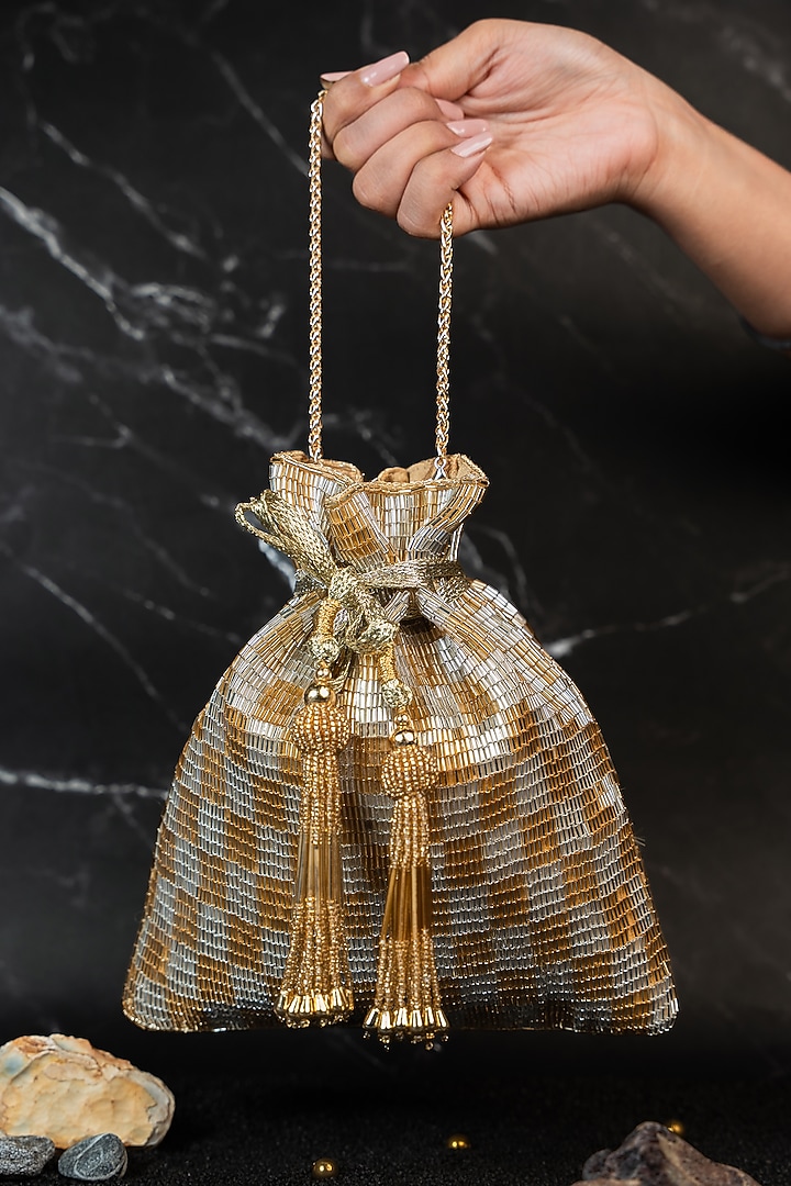 Gold & Silver Silk Tube Beads Embroidered Potli by Nayaab by Sonia at Pernia's Pop Up Shop