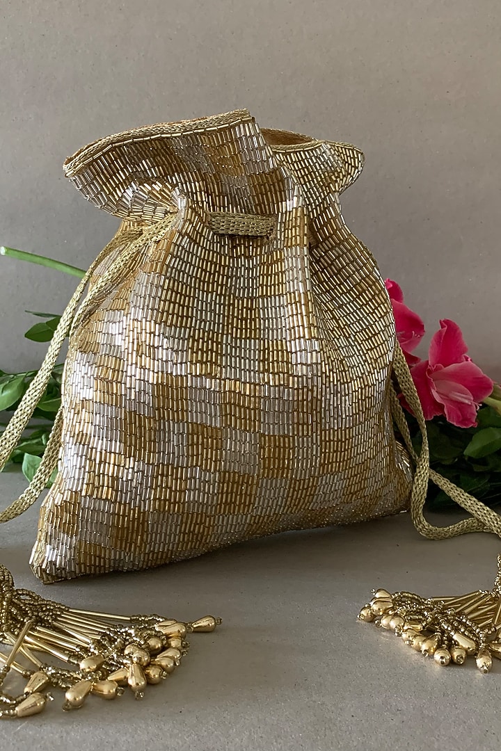 Gold & Silver Silk Tube Beads Embroidered Potli by Nayaab by Sonia at Pernia's Pop Up Shop