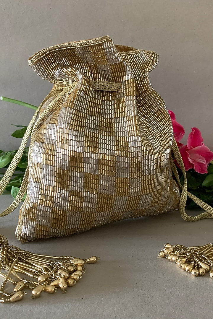 Gold & Silver Silk Tube Beads Embroidered Potli by Nayaab by Sonia at Pernia's Pop Up Shop