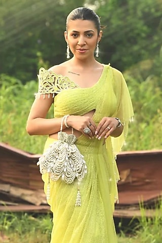 Light Gold Velvet Embroidered Potli by Nayaab by Sonia