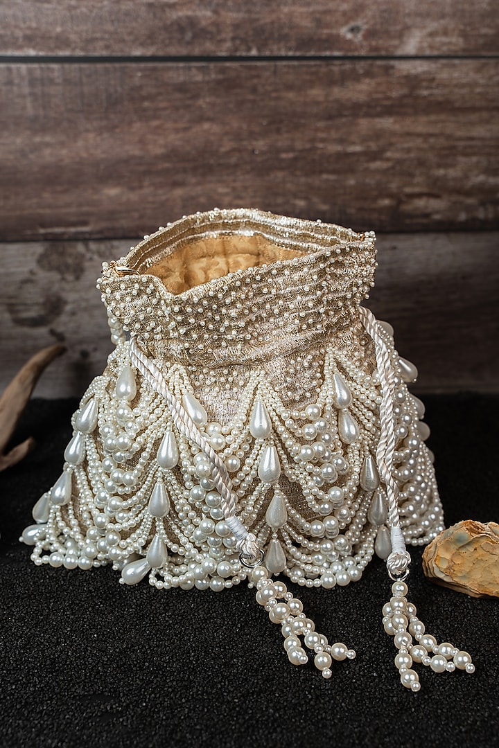 Light Gold Velvet Embroidered Potli by Nayaab by Sonia at Pernia's Pop Up Shop