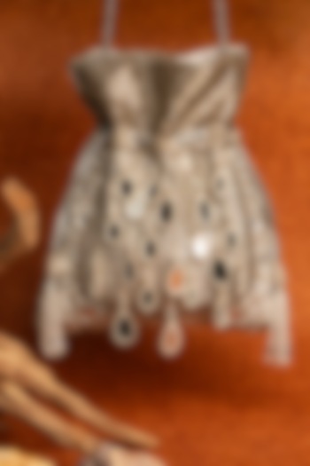 Silver Silk Mirror Embroidered Potli Bag by Nayaab by Sonia at Pernia's Pop Up Shop