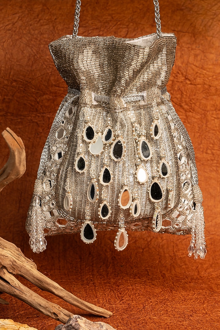 Silver Silk Mirror Embroidered Potli Bag by Nayaab by Sonia at Pernia's Pop Up Shop
