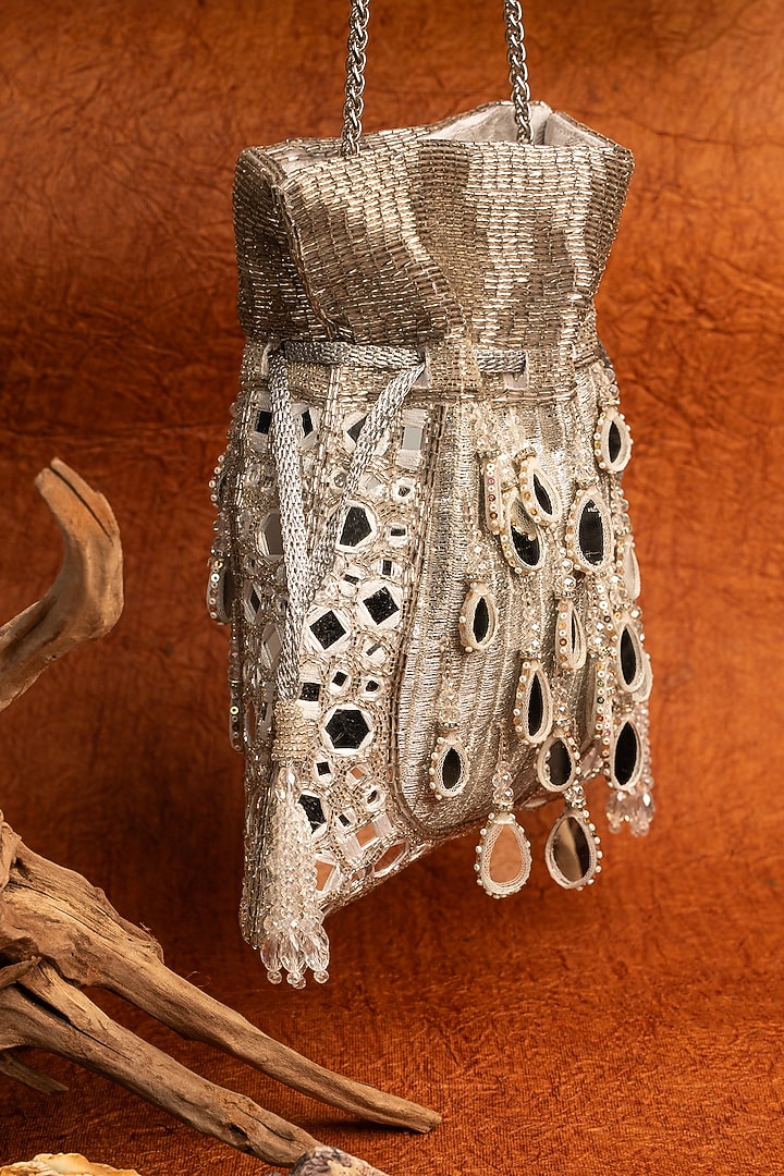 Silver Silk Mirror Embroidered Potli Bag by Nayaab by Sonia at Pernia's Pop Up Shop