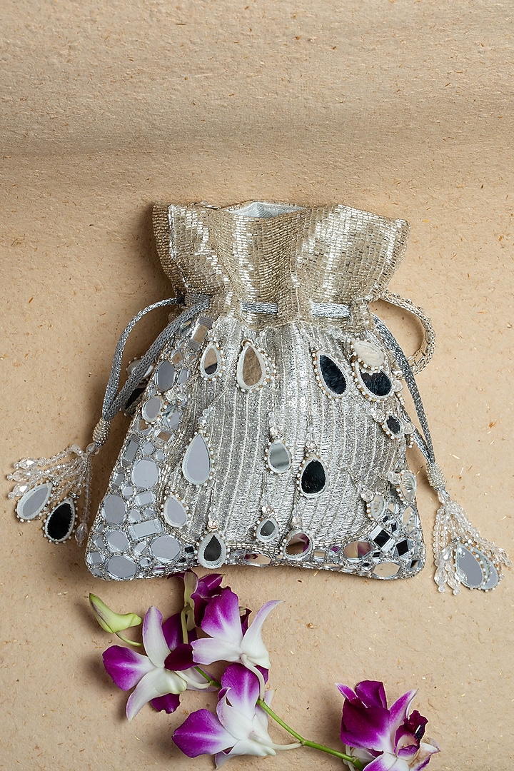 Silver Silk Mirror Embroidered Potli Bag by Nayaab by Sonia at Pernia's Pop Up Shop