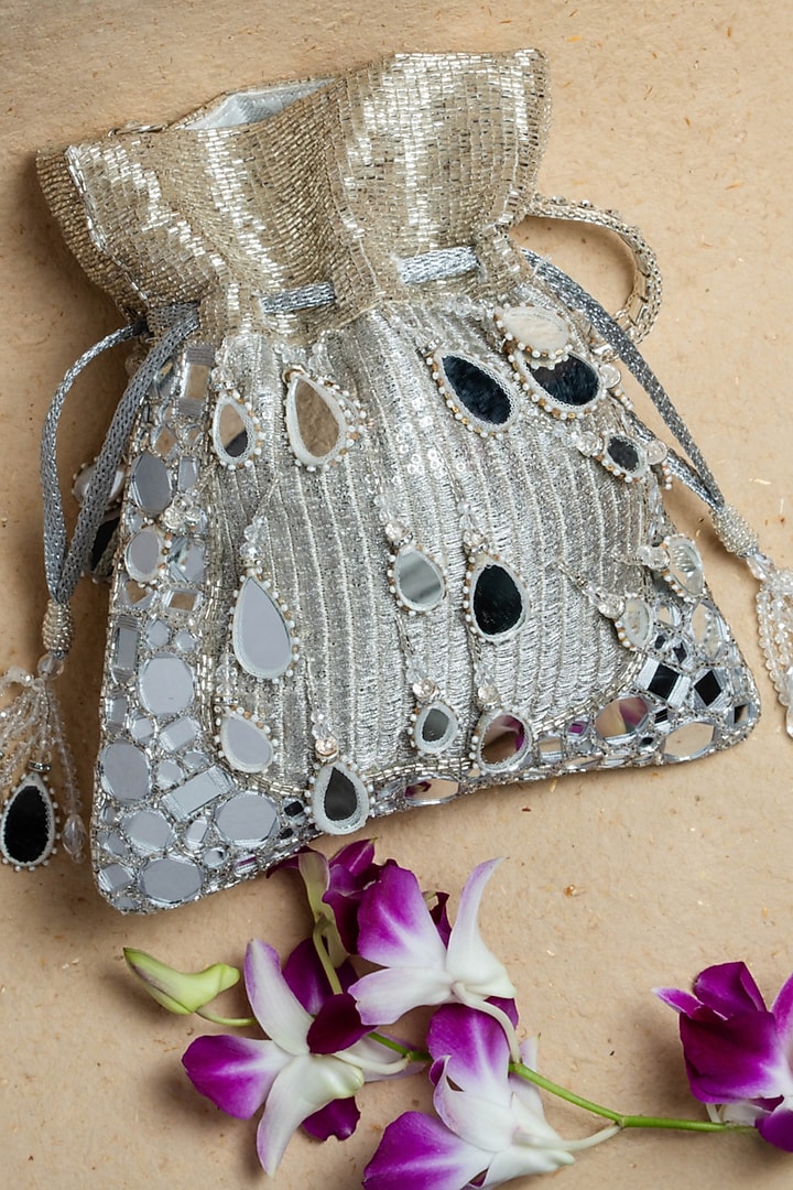 Silver Silk Mirror Embroidered Potli Bag by Nayaab by Sonia at Pernia's Pop Up Shop
