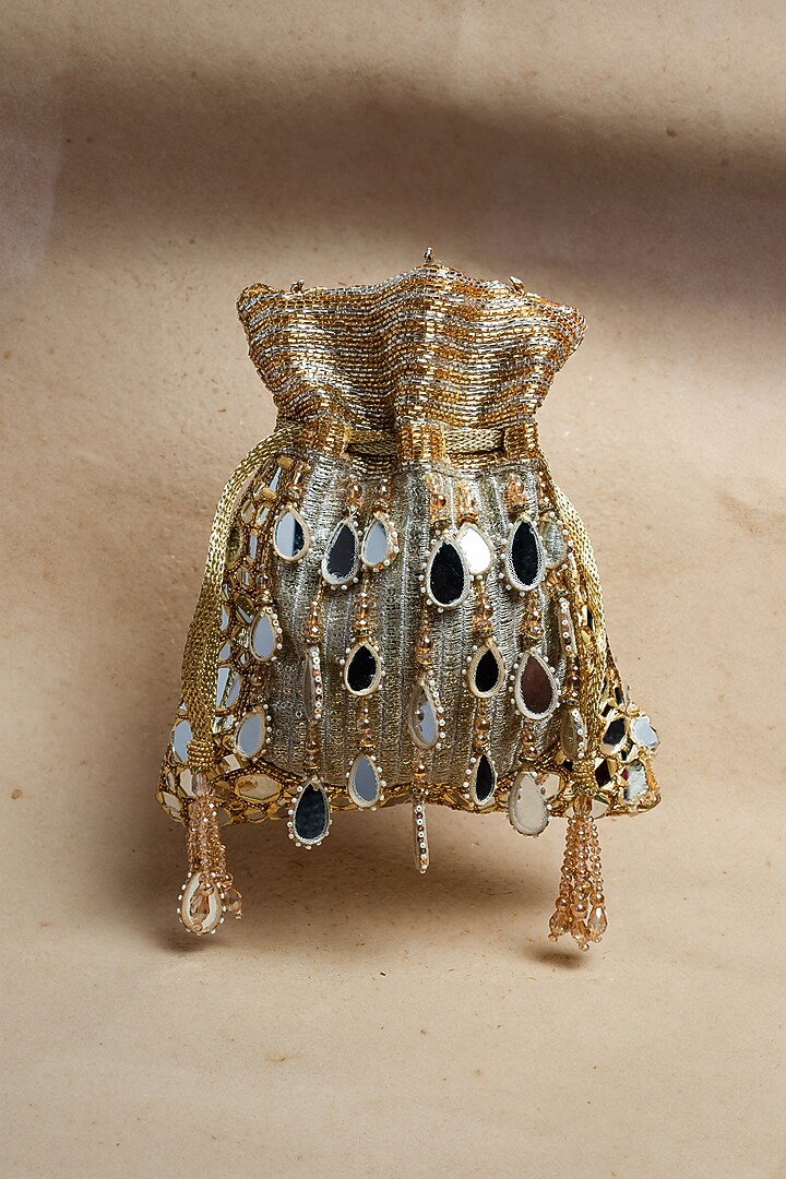 Gold Silk Mirror Embroidered Potli Bag by Nayaab by Sonia at Pernia's Pop Up Shop
