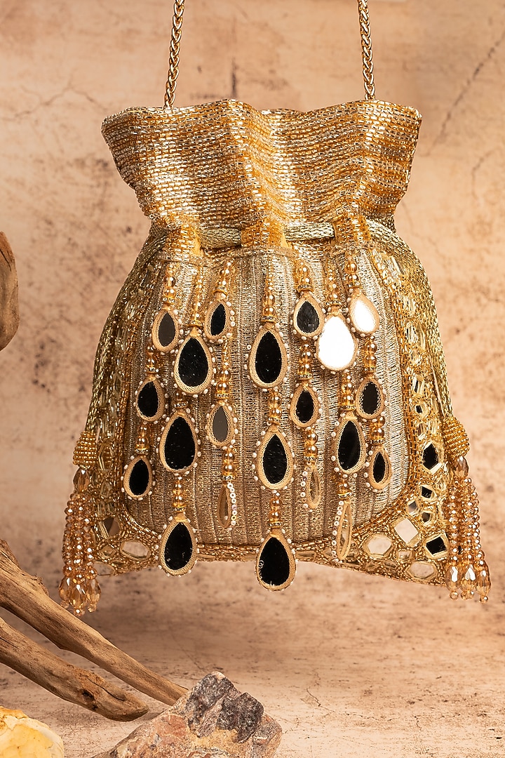 Gold Silk Mirror Embroidered Potli Bag by Nayaab by Sonia at Pernia's Pop Up Shop
