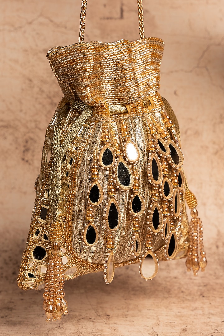 Gold Silk Mirror Embroidered Potli Bag by Nayaab by Sonia at Pernia's Pop Up Shop
