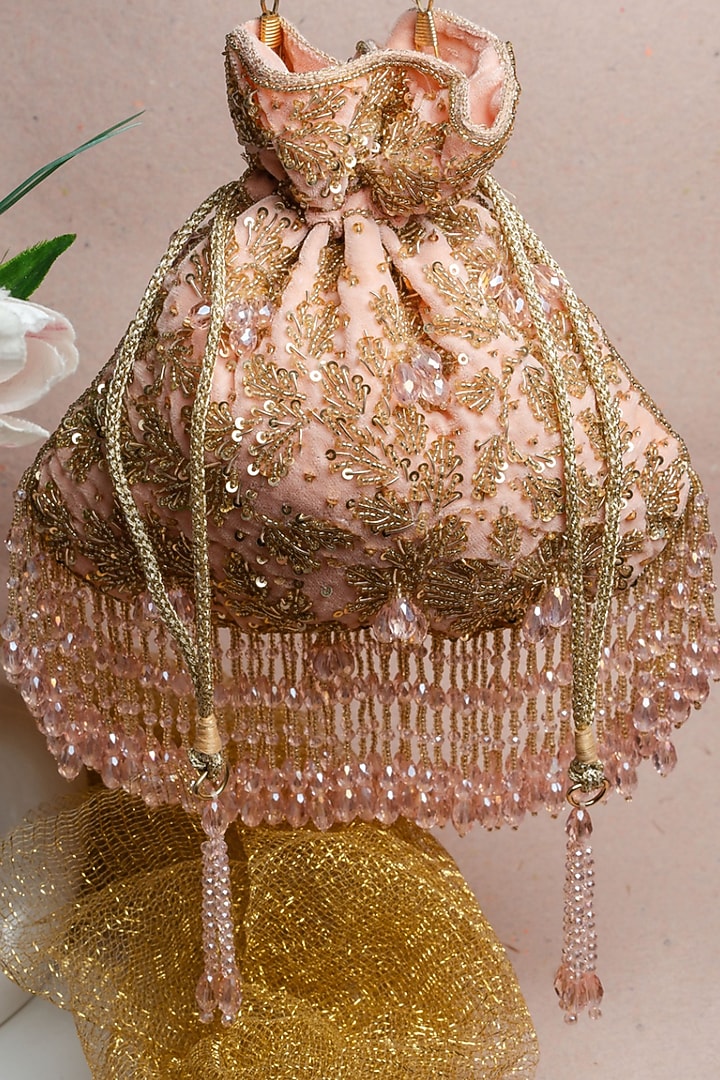 Pink Suede Bead Work Potli Bag by Nayaab by Sonia at Pernia's Pop Up Shop