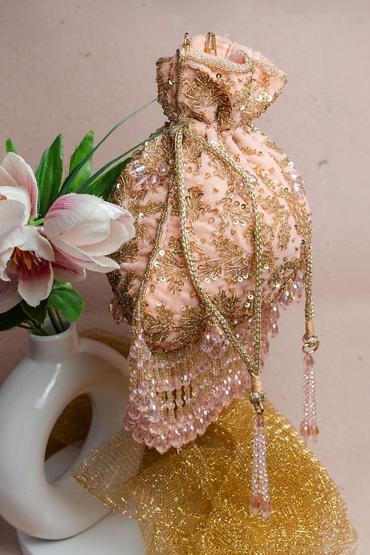 Pink Suede Bead Work Potli Bag by Nayaab by Sonia at Pernia's Pop Up Shop