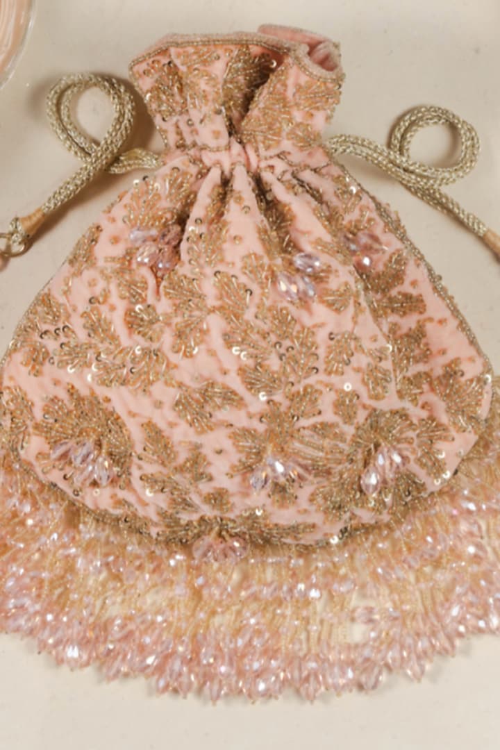 Pink Suede Bead Work Potli Bag by Nayaab by Sonia at Pernia's Pop Up Shop