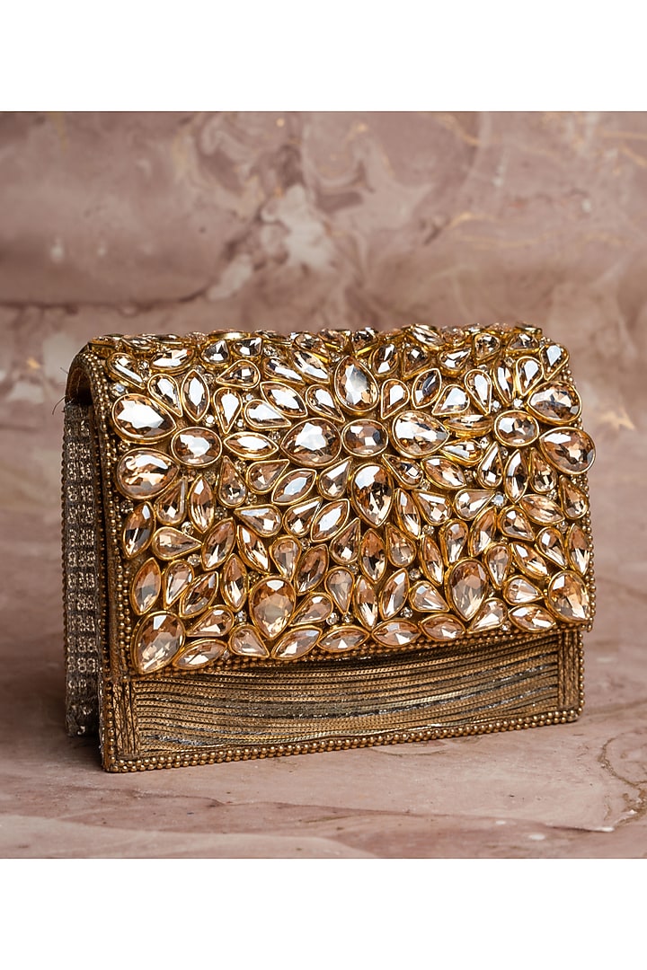 Gold Silk Embroidered Box Clutch by Nayaab by Sonia at Pernia's Pop Up Shop