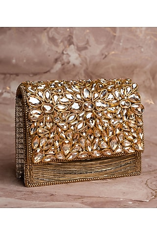 Gold Silk Embroidered Box Clutch by Nayaab by Sonia