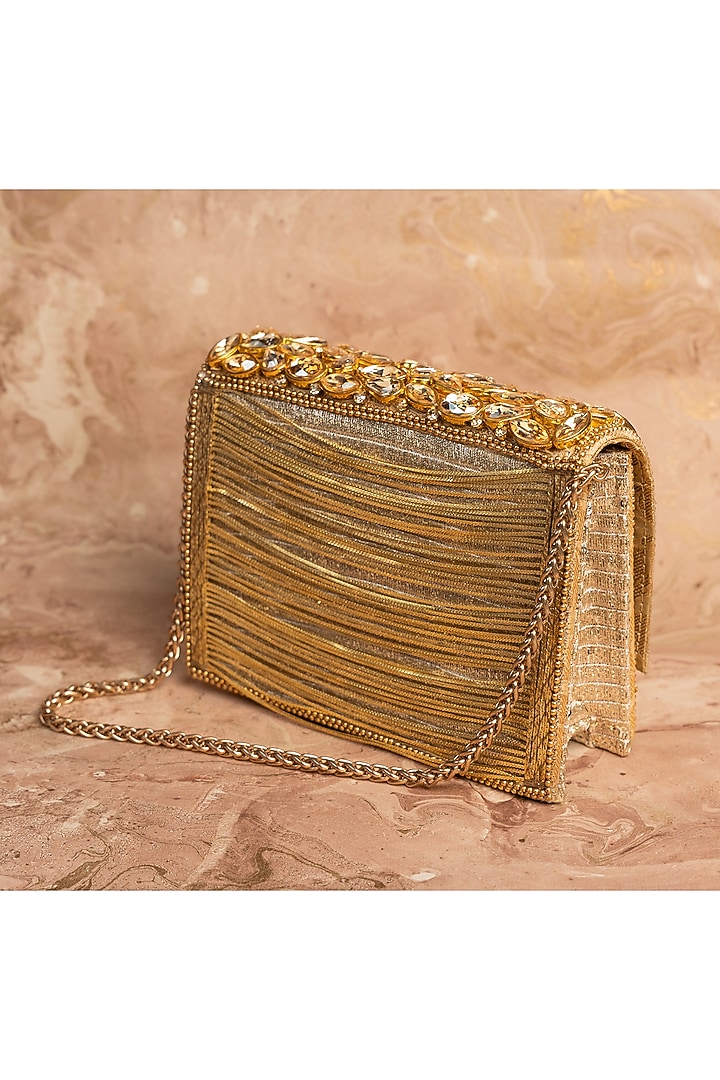 Gold Silk Embroidered Box Clutch by Nayaab by Sonia at Pernia's Pop Up Shop