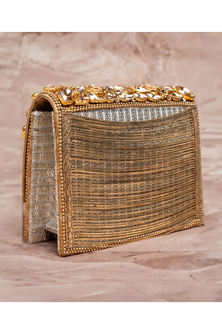 Gold Silk Embroidered Box Clutch by Nayaab by Sonia at Pernia's Pop Up Shop