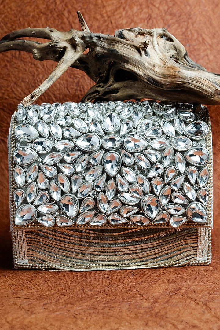 Silver Silk Embroidered Box Clutch by Nayaab by Sonia at Pernia's Pop Up Shop