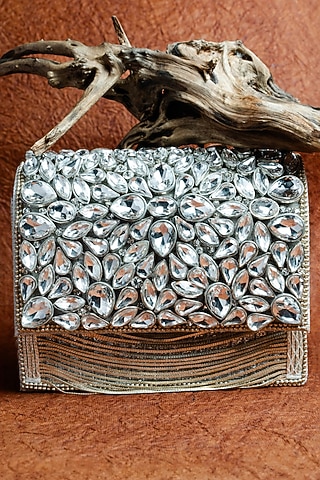 Silver Silk Embroidered Box Clutch by Nayaab by Sonia