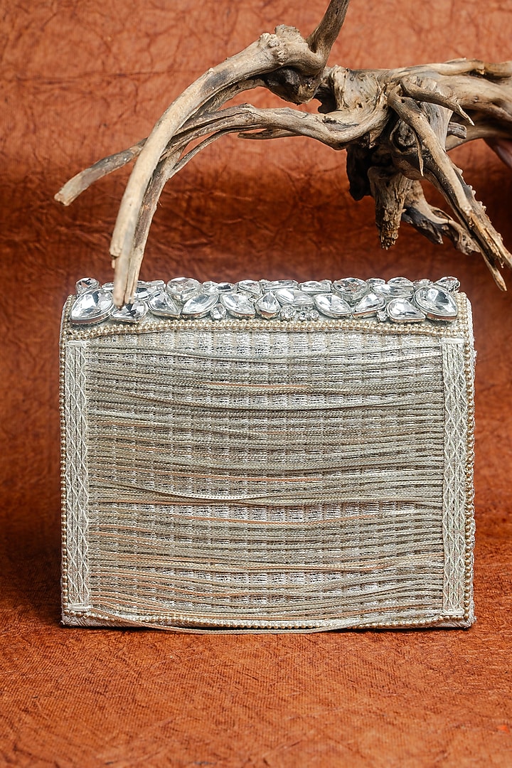 Silver Silk Embroidered Box Clutch by Nayaab by Sonia at Pernia's Pop Up Shop