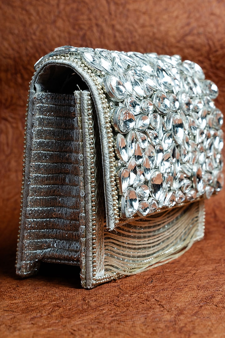 Silver Silk Embroidered Box Clutch by Nayaab by Sonia at Pernia's Pop Up Shop