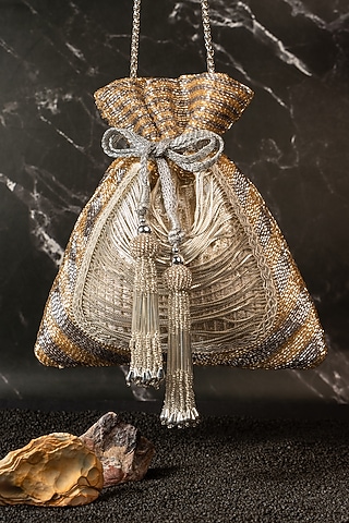 Silver Metallic Chain & Bead Work Potli by Nayaab by Sonia