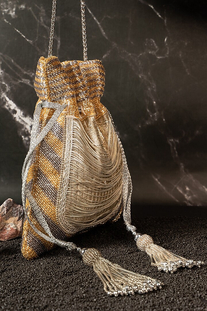 Silver Metallic Chain & Bead Work Potli by Nayaab by Sonia at Pernia's Pop Up Shop