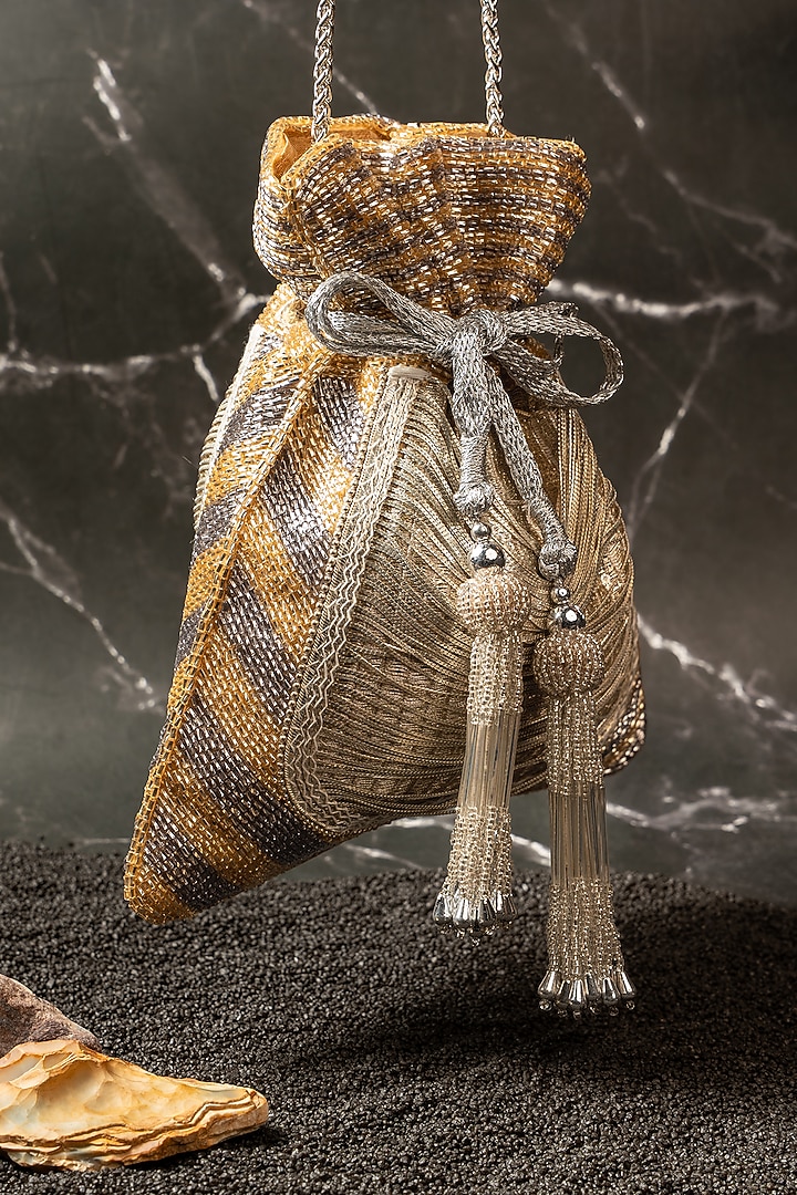 Silver Metallic Chain & Bead Work Potli by Nayaab by Sonia at Pernia's Pop Up Shop