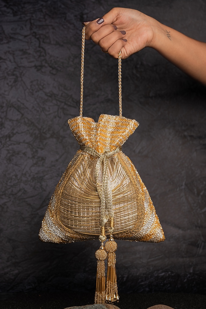 Gold Metallic Chain & Bead Work Potli by Nayaab by Sonia at Pernia's Pop Up Shop