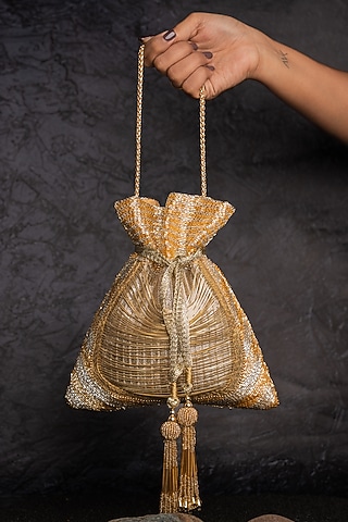Gold Metallic Chain & Bead Work Potli by Nayaab by Sonia
